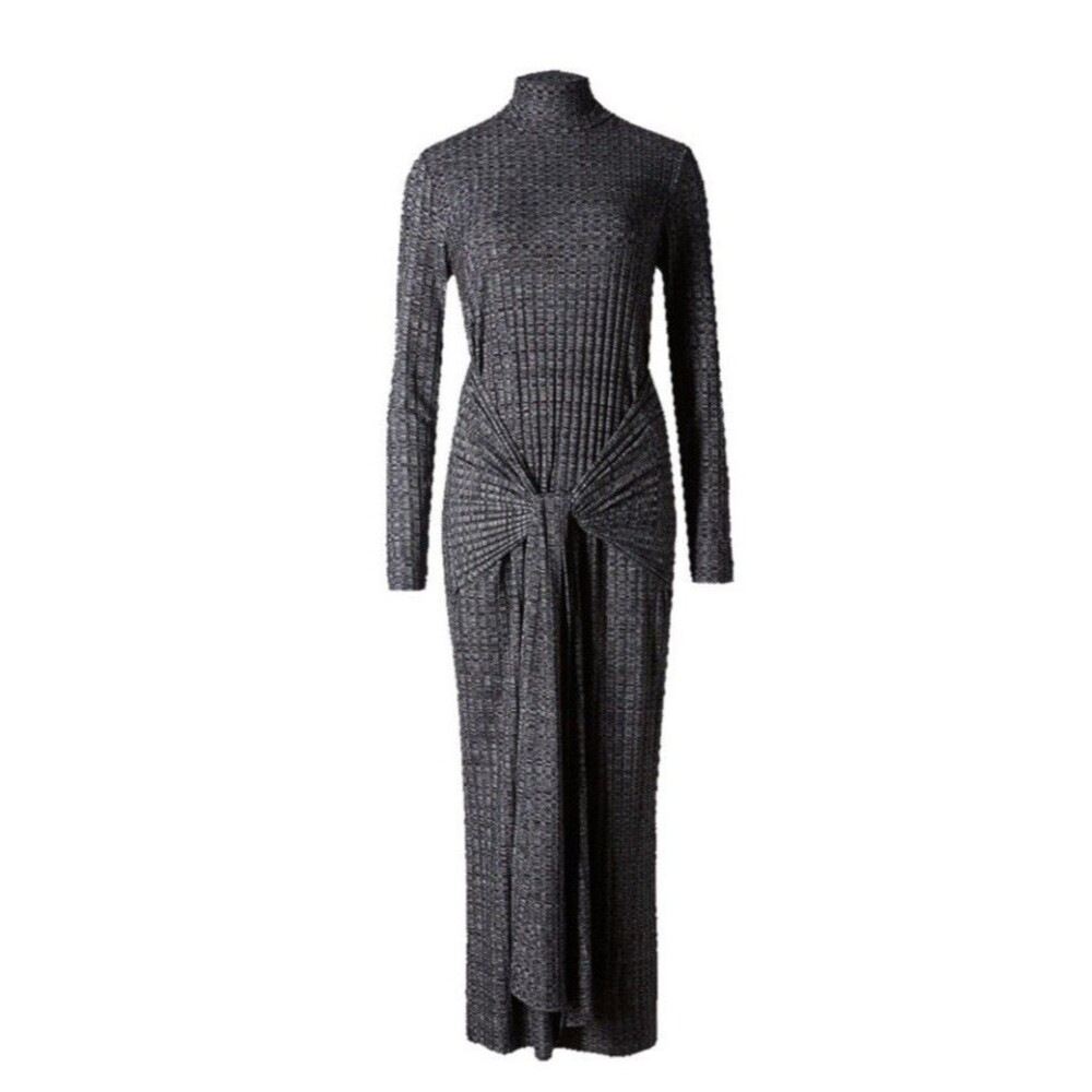 Marks & Spencer Autograph Belted Turtle Neck Long Sleeves Charcoal Ribbed Maxi M